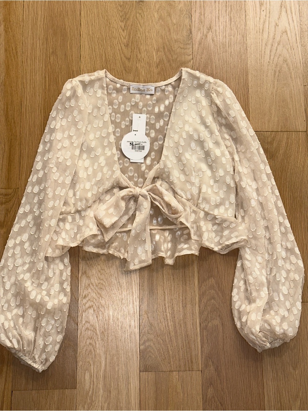 Endless Blu Women’s Cream Sheer Dot Tie-Front Cropped Blouse Size Medium.